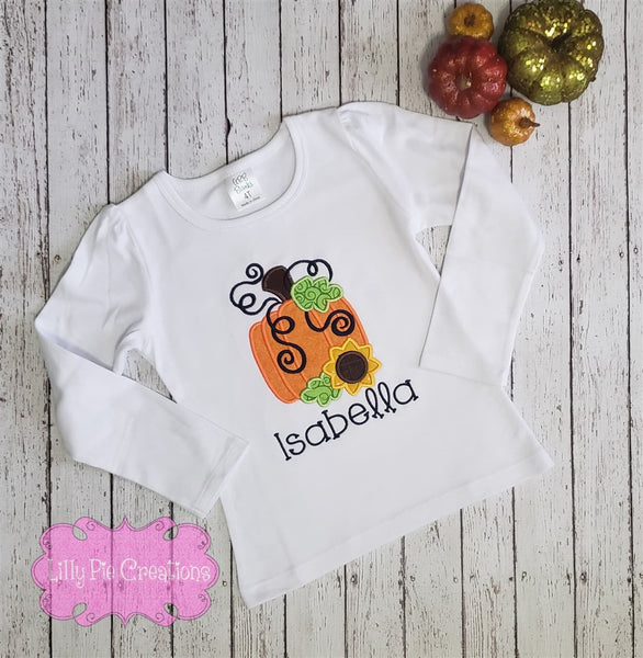 Girls Fall Pumpkin Shirt - Pumpkin Sunflower Applique T-Shirt