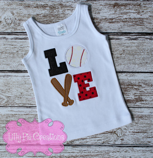Baseball Love Kids Applique Shirt, Girls Softball, Boys Baseball Tee