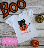 Girls Pumpkin Kitten Halloween Shirt - Girls Halloween Applique Shirt