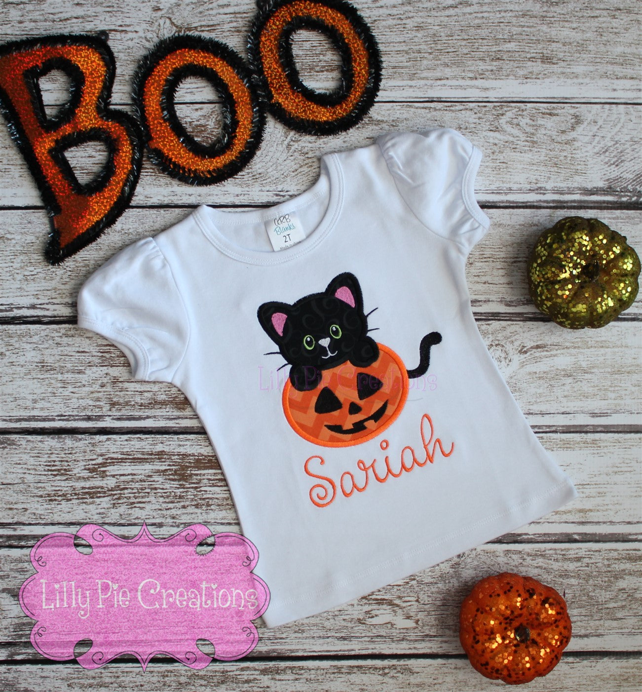 Girls Pumpkin Kitten Halloween Shirt - Girls Halloween Applique Shirt